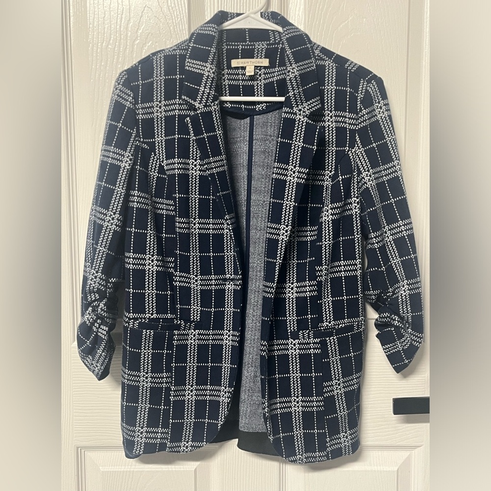 41 Hawthorn women navy white 3/4 sleeves blazer medium